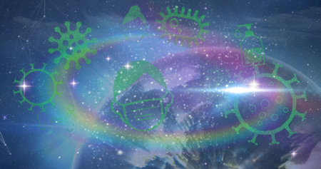 Floating green face wearing surgical mask in cosmic starfield, with ring, virus and sanitizer icons....