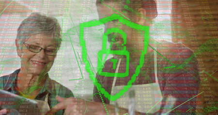 Collaborating colleagues using tablet in bright room, with padlock shield and code streams overlay. Technology, cybersecurity, innovation, teamwork, communication, modern, professionalの写真素材