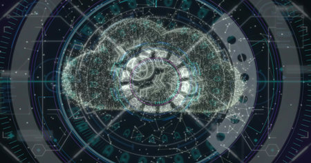Displaying digital cloud icon glowing in HUD interface, with node connections and circular rings. Technology, innovation, cyberspace, connectivity, cybersecurity, data, visualizationの写真素材