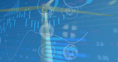 Displaying wind turbine rotating blades in trading interface with holographic visuals and analytics....