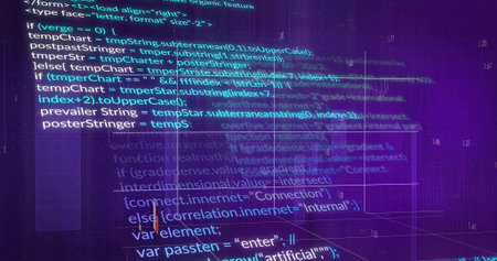 Displaying JS code snippets and numeric overlays hovering in hologram UI panels with grid lines....