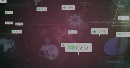 Floating bubble showing comment, thumbs up icons in space UI, with map, callouts, pie-chart and HUD. Futuristic, space, data, visualization, infographic, technology, digitalの写真素材