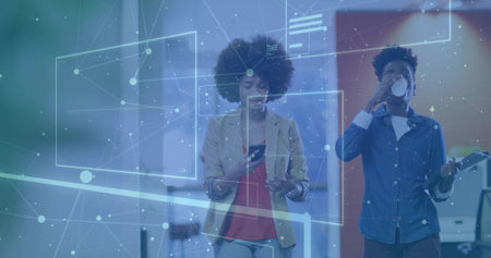 Walking coworkers interacting with overlays in hallway, with smartphone tablet paper coffee cup....