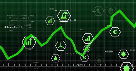 Displaying green trend line fluctuating on dark grid dashboard, with hexagonal data icons and code....
