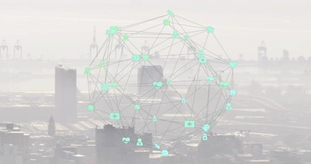 Hovering digital network sphere mapping interconnected lines and glowing icons above city skyline....