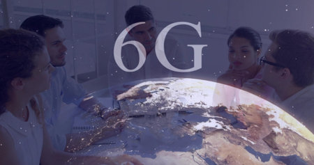 Professionals in business attire discussing connectivity proposals in boardroom, with 6G globe....