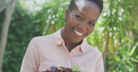 Woman wearing pink shirt holding fresh red and green salad leaves in backyard garden under sunlight. Flora, wellness, vitality, nature, freshness, outdoor, lifestyleの写真素材