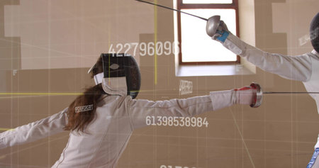 Lunging female fencers exchanging foil thrusts in fencing training hall, with digital overlays....