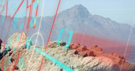 Displaying rocky cliff jutting over ocean with mountain range backdrop and digital data overlays. Geography, data visualization, landscape, technology, analysis, outdoor, futuristicの写真素材