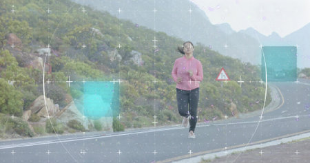 Running woman wearing pink top and black leggings along mountain road, with warning sign overlays....