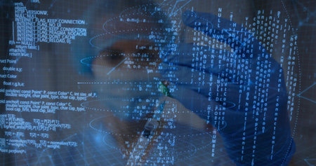 Examining scientist wearing lab coat holding test tube in lab, with holographic code streams. Futuristic, innovation, technology, research, digital, analytic, precisionの写真素材