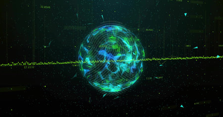 Floating neon polygonal sphere intersecting horizontal dataflow in cyberspace with numeric labels....