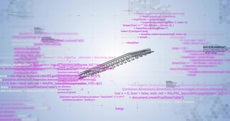 Displaying rail map floating over abstract workspace with JavaScript code and hex grid texture....