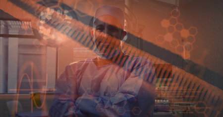 Standing doctor wearing light blue scrubs and cap in clinical lab, with monitors, DNA overlay....