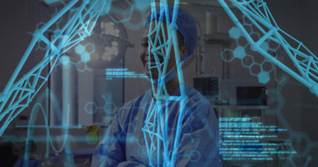 Smiling surgeon wearing scrubs interacting with holographic molecular network in operating room. Medical, innovation, futuristic, healthcare, visualization, technology, professionalの写真素材