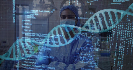 Female medical researcher inspecting floating DNA code on glass partition in lab, with lab benches. Scientist, biotechnologist, research, innovation, science, technology, laboratoryの写真素材