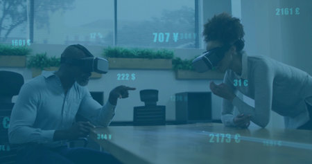 Interacting coworkers simulating currency data in corporate conference room, wearing VR headsets....