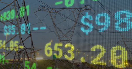 Displaying transmission tower showing pricing data along dusk highway with streetlights, headlights. Energy, infrastructure, technology, transportation, illumination, digital, dataの写真素材
