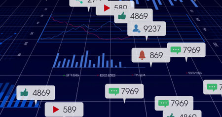 Thumbs up, chat and bell icons floating in 3D data grid, with charts and counters. Futuristic,...