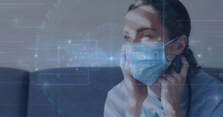 Adjusting nurse fixing surgical mask straps in hospital breakroom, with stethoscope and digital HUD....