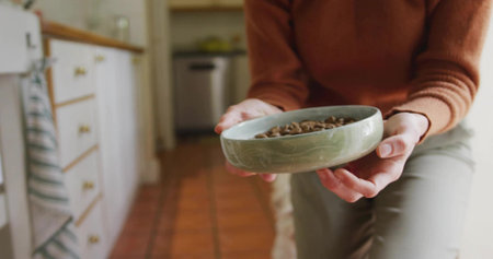 Holding green bowl with kibble, person wearing rust sweater and beige pants sitting in kitchen. Home, domestic, rustic, minimalism, lifestyle, cozy, nourishmentの写真素材