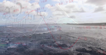 Breaking ocean waves against jagged coast beneath clouds, with trend lines, numeric labels overlay. Seascape, coastline, stormy, data visualization, analytics, financial chart, oceanの写真素材