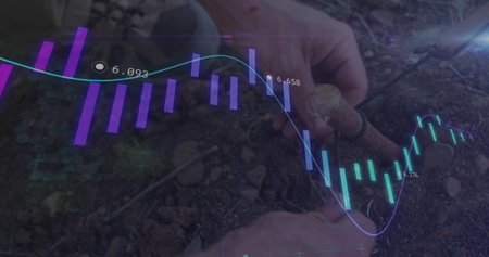 Probing researcher pressing soil probe into rocky farm field, with purple-teal financial overlay....
