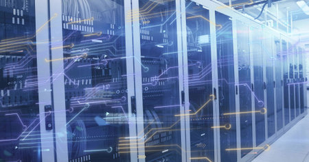 Displaying glass-fronted server cabinets in data center, with bundled cables and digital overlay....