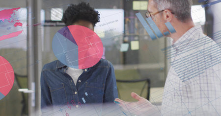 Colleagues reviewing business metrics and gesturing in conference room, with digital chart overlays. Corporate, collaboration, analytics, modern, leadership, enterprise, strategyの写真素材
