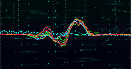 Displaying multicolored waveform oscillating on grid dashboard, with teal axis and floating numbers....