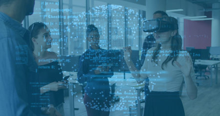 Gesturing woman wearing VR headset showing overlay in office with peers watching, copy space....