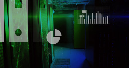 Illuminating server racks with mesh doors, LEDs glowing green in server room aisle, graph overlay....