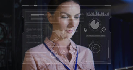 Surveying woman in pink blouse analyzing holographic interface in control room, world map overlay. Technology, analytics, futuristic, data visualization, professional, software, digital interfaceの写真素材