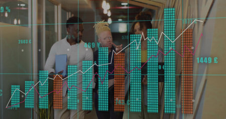 Executives in casual attire walking in office corridor, with blue folder and digital chart overlay. Professionalism, teamwork, collaboration, innovation, modern, corporate, analyticsの写真素材