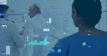 Discussing scrub nurse and doctors analyzing charts in hospital corridor with holographic graphs....