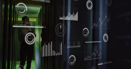 Scanning business-casual IT tech holding phone, viewing AR charts amid server racks, copy space....