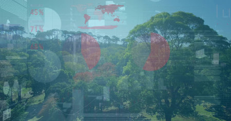 Overlaying translucent data spanning forest canopy in park, with world map, pie charts, bar charts. Nature, analytics, visualization, ecofriendly, digital, sustainability, informationの写真素材