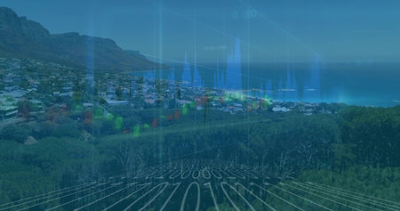Showing translucent line graph overlay over coastal homes, with candlestick and binary code. Seascape, financialtechnology, digitalvisualization, dataanalysis, moderndesign, strategicplanning, landscapephotographyの写真素材