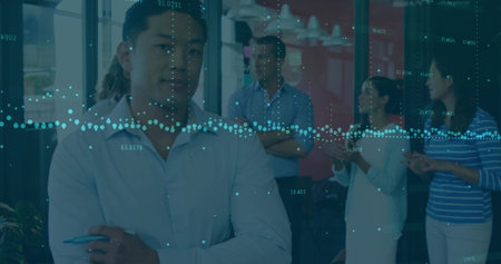 Applauding group of five colleagues in glass-walled meeting area, showcasing live data overlay. Collaboration, teamwork, innovation, modernity, business, analytics, professionalの写真素材