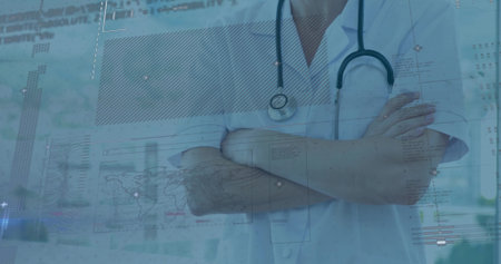 Standing lab coat doctor analyzing charts in clinical hallway, with stethoscope and data overlays. Medical, healthcare, technology, innovation, professionalism, diagnostic, digitalの写真素材