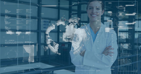 Smiling scientist wearing white lab coat in high-tech lab, holographic globe projection, copy space....