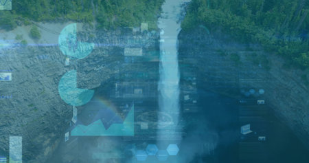 Cascading waterfall flowing down forested canyon, with data panels showing charts and hex icons....