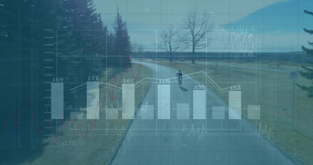 Cycling male teen pedaling bicycle down path in park, with benches signpost trees digital overlay....