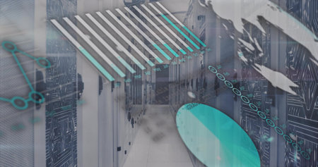 Lining server rack aisle in data center, showing overlays of network nodes, bar graphs, map, chart....
