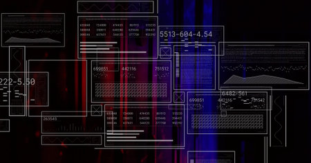 Floating wireframe panels displaying readouts and waveforms over red purple blue gradient backdrop....