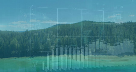 Displaying 3D bar graph with numeric labels and line chart over lake with forest, hills, analytics. Data, visualization, natural landscape, mountainous, infographic, ecosystem, analyticsの写真素材