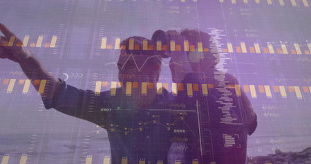 Scanning horizon through binoculars, couple embracing on coastal shore at dusk with data overlays. Collaboration, connection, serenity, technology, explorationの写真素材