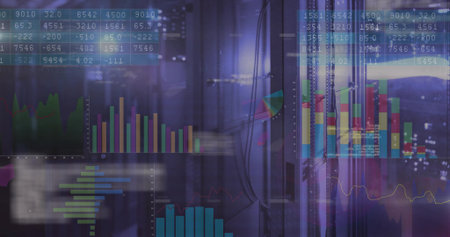 Floating digital data charts overlaying server racks at data center, with cables and glass panels....