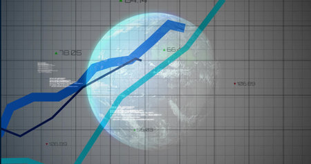 Presenting semi-transparent globe centered on grid with line charts, data labels and text overlays. Technology, analytics, innovation, digital, futuristic, finance, growthの写真素材