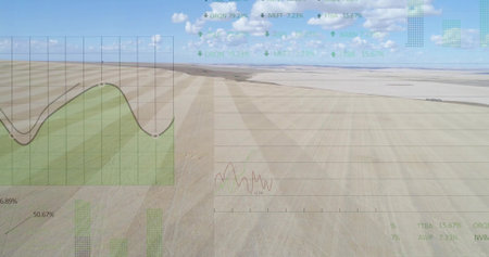 Showing green overlay on fields with area graph, tickers and trend lines, copy space. Agriculture, finance, data visualization, sustainability, rural, analytics, productivityの写真素材